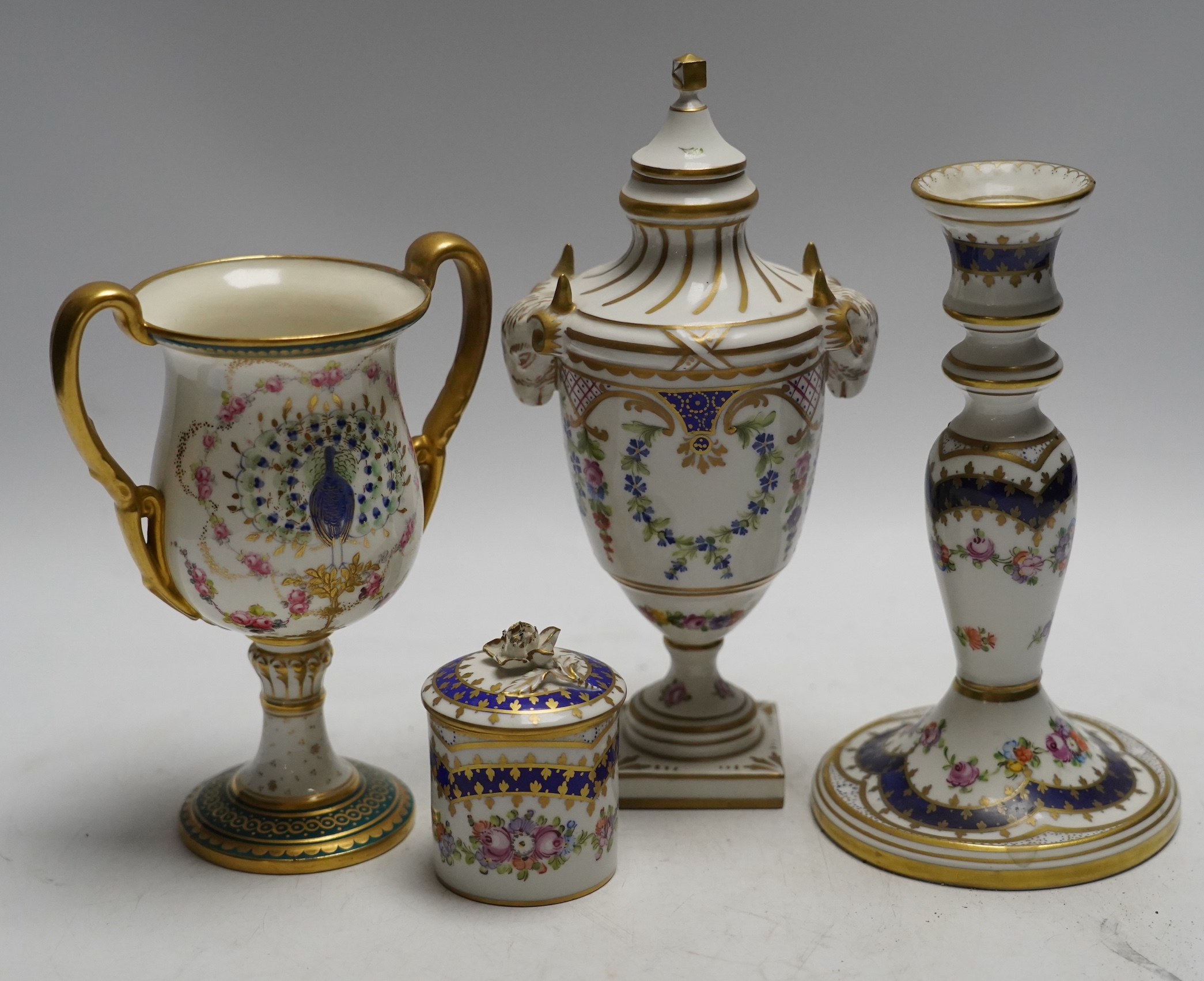 Three pairs of Dresden decorative porcelain items and a pair of Royal Crown Derby ‘Peacock’ urns, tallest 20cm (8)